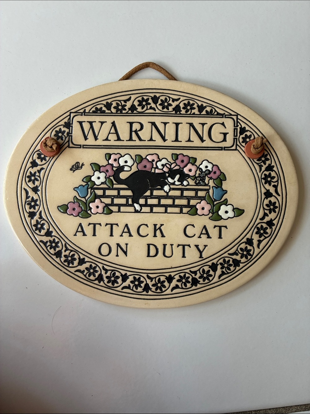 Warning Attack Cat On Duty Decorative Wall Plaque - Cream